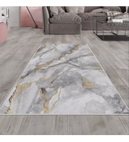Beyaz Mermer Desenli Çerçeveli Yıkanabilir Kaymaz Taban Leke Tutmaz Modern Salon Halısı ve Yolluk (Gold)