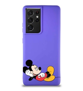 Samsung Galaxy S21 Ultra Soft Premier Kapak Mickey Mouse-F Tasarımlı Silikon Kılıf - Mor (Şeffaf)