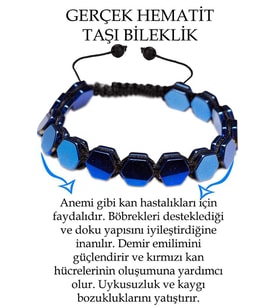 Sertifikalı Altıgen Mavi Hematit Taşı Bileklik - Makrome (Çok Renkli)