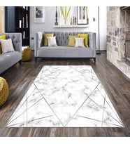 Beyaz Gri Çizgi Detaylı Yıkanabilir Kaymaz Taban Leke Tutmaz Modern Salon Halısı ve Yolluk (Gümüş)