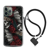 Apple iPhone 11 12 13 14 Pro Max Kılıf Boyun Askılı Silikon Skull Rose 1673