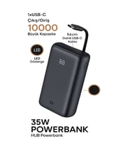 10000mAh LCD Dijital Göstergeli 35W Hızlı Şarjlı Powerbank - 56cm Type-C Kablolu