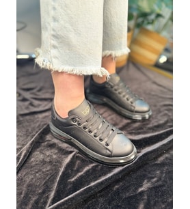 Günlük Unisex Spor Ayakkabı Vegan Deri Bağcıklı Hafif Kalın Yüksek Taban Yürüyüş Sneaker 628 (Siyah)