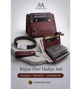 AYLEEN AYZ Kişiye Özel Erkek Hediye Seti – İsimli Deri Cüzdan Kartlık + Bileklik + Anahtarlık (Hediye Kutulu) (Bordo)