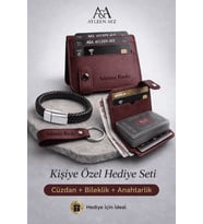 AYLEEN AYZ Kişiye Özel Erkek Hediye Seti – İsimli Deri Cüzdan Kartlık + Bileklik + Anahtarlık (Hediye Kutulu) (Bordo)