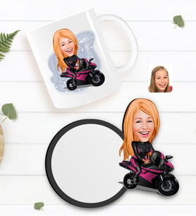 BK Gift Kişiye Özel Kadın Motorcu Karikatürlü Beyaz Kupa ve Ahşap Bardak Altlığı Hediye Seti-1
