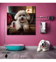 Tekli Kare Kanvas Pet Kuaför Pembe Oje Sürdüren Maltese Köpek