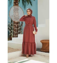 6561-Denim Kemerli Tensel Elbise Taba