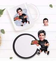 BK Gift Kişiye Özel Erkek Kasap Karikatürlü Beyaz Kupa ve Ahşap Bardak Altlığı Hediye Seti-2