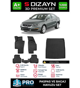 S-Dizayn VW Passat B6 3D Pro Havuzlu Paspas ve Bagaj Havuzu Seti (2'li SET) 2005-2010 A+ Kalite