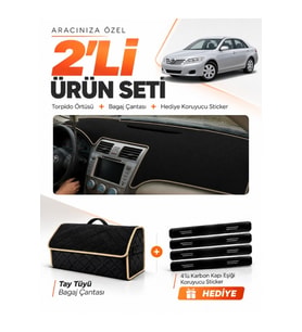 TOYOTA CAMRY (2006-2012) Uyumlu Torpido Örtüsü + Tay Tüyü Bagaj Çantası + Sticker Seti - Siyah Bej