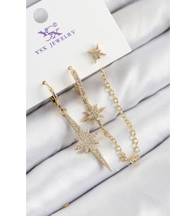 pilelistore Pirinç Zirkon Taşlı 3'lü Kutup Yıldızı Model Gold Renk Kadın Küpe - TJ-BKP11142