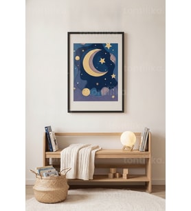 Ay ve Yıldız Temalı Minimalist 1. Kalite Ahşap Çerçeveli Tablo