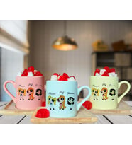 Power Puff Girls Arkadaş Tasarımlı Pembe-Yeşil-Sarı Ahşap Tabaklı Kişiye Özel Türk Kahvesi Fincanı Seti