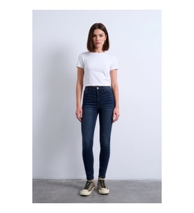 Kadın Koyu Mavi Yüksek Bel Slim Fit Likralı Jean Pantolon
