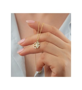 925 Ayar Gold Yonca Zirkon Taşlı Gümüş Kolye