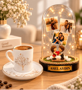 Kişiye Özel 3 Fotoğraflı Yazılı LED Işıklı Kalp Tutan Çiftli Fanus ve Hayat Ağacı Porselen Kahve Fincanı