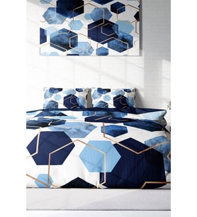Çift Kişilik ( Lastikli Çarşaflı ) %100 Pamuk Saten Nevresim Takımı Blue Hexagon