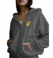 Kadın Sarman Kedi Baskılı Tam Boy Fermuarlı Oversize Hoodie (Gri)