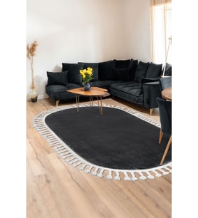 Dijidekor Peluş Halı Koyu Gri Cool Saçaklı Oval Kesme Post Yolluk Kilim Salon Halısı Modelleri