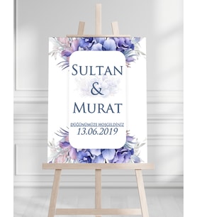 Söz Nişan Düğün İçin 50x70 Karşılama Panosu - Mavi Çiçek Desenli 001