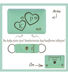 Açık Yeşil, İsim ve Kalp İşlemeli Kişiye Özel Cüzdan ve Anahtarlık Seti, Sevgiliye Romantik Hediye