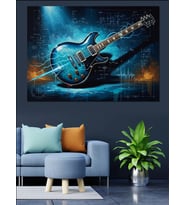 Işıklı Çizgilerle Modern Gitar Tasarımı Dekoratif Kanvas - Mdf Ahşap Tablo