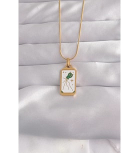 316L Çelik Gold Renk Beyaz Mineli Tarot Kolye - TJ-BKO9039
