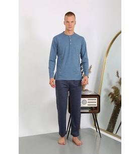 pilelistore- Erkek Penye Uzun Kol Pijama Takımı İndigo