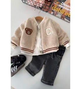 Bear Aplike Detaylı Peluş Hırkalı Erkek Bebek 3 lü Takım - Bej