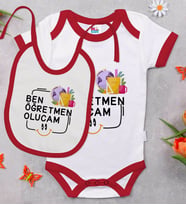 BK Kids Öğretmen Olucam Tasarımlı Kırmızı Bebek Body Zıbın ve Mama Önlüğü Hediye Seti-1