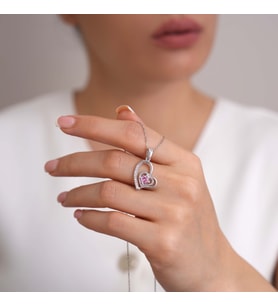 95 Ayar  Radyum Kaplama Pembe Zirkon Taşlı Kalpli Gümüş Kolye