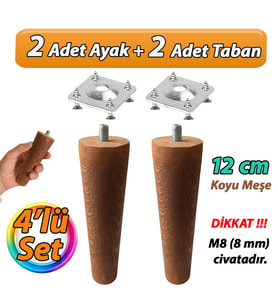 Ahşap Ayak 12 Cm 4'lü Set Koyu Meşe M8 Civatalı Bağlantı Aparatlı Dolap Mobilya Koltuk Kanepe Destek Ayağı Ayakları