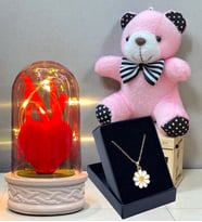 Özel Tasarım Kolye, Peluş Anahtarlık ve Led Işıklı Fanus Premium Hediye Seti (Model 1)