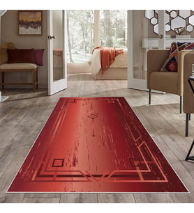 Bordo Geometrik Desen Yıkanabilir Kaymaz Taban Leke Tutmaz Modern Salon Halısı ve Yolluk