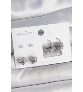 Pirinç Gümüş Renk Zirkon Taşlı Halka Model 3 Çift Kadın Küpe Seti 5886 - HEP-7651-6901