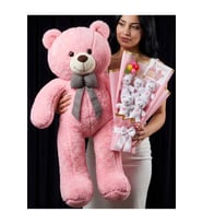 90cm Pembe Ayıcık ve Pembe Kalpli Ayıcık Buketi Teyzeye Doğum Günü Hediyesi