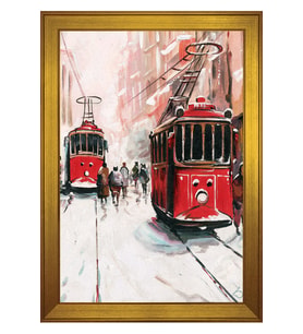 İstiklal Caddesi ve Tramvaylar Motifli Kanvas Tablo 50 x 70 cm Gold Çerçeve