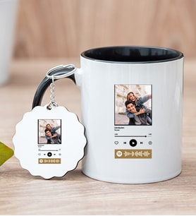 Kişiye Özel Spotify Tasarım Fotoğraflı Siyah Kupa Bardak ve Anahtarlık