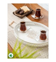 Tulipa Ahşap Kulplu Desenli Oval Metal Servis Tepsisi 37cm, Kahve Tepsisi (Possible Baskılı) (Beyaz)