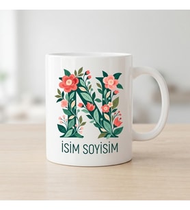 Kişiye Özel Baş Harf ve İsim Yazılı Çiçek Motiflili N Harfli Seramik Kupa Bardak