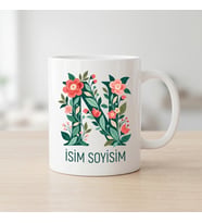 Kişiye Özel Baş Harf ve İsim Yazılı Çiçek Motiflili N Harfli Seramik Kupa Bardak