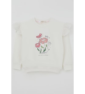 Breeze Kız Çocuk Sweatshirt Omuzları Çiçek Nakış Detaylı Çiçek Baskılı 2-6 Yaş, Ekru