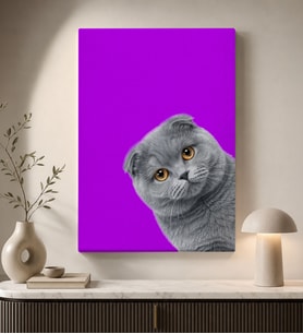 BK Gift Mor Fonlu Gri Scottish Fold Kedi Portresi Sevimli Minimalist Modern Kanvas Duvar Tablosu 50x70 cm