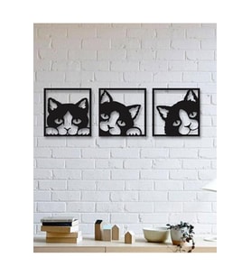 Ahşap Kedi Duvar Panosu 3lü Set (Siyah-Haki)