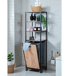 DEKORATİF KİRLİ SEPETLİ BANYO DOLABI AHŞAP RAFLI METAL GÖVDELİ 4 RAFLI ÇAMAŞIR SEPETİ BANYO DÜZENLEYİCİ ORGANİZER (Siyah)