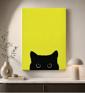 BK Gift Sarı Fonlu Meraklı Siyah Kedi Silüeti Minimalist Eğlenceli Modern Kanvas Duvar Tablosu 50x70 cm