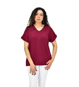 Kadın Yarım Kol V Yaka Taşlı Likralı Tişöt  BGL-ST04653 (Bordo)