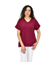 Kadın Yarım Kol V Yaka Taşlı Likralı Tişöt  BGL-ST04653 (Bordo)
