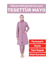 Özel Üretim Yüksek Kaliteli Konforlu Fermuarlı Taytlı Tam Kapalı Yüzücü Deniz Havuz TESETTÜR MAYO (Pembe)